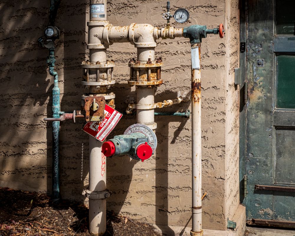 Pipework fitted with pressure gauges for testing